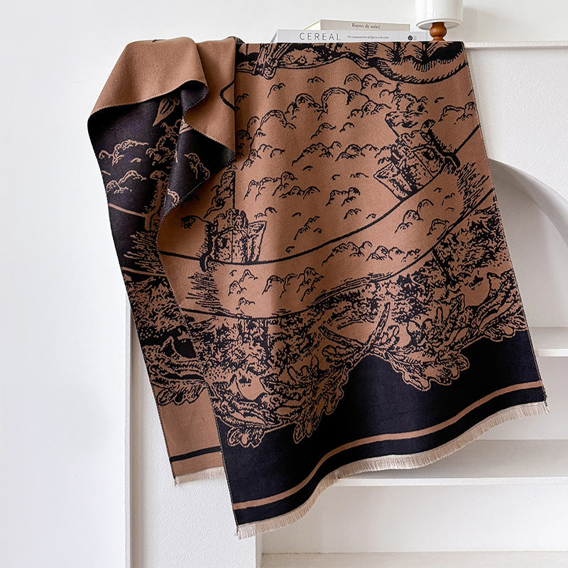 Jacquard Landscape Painting Imitation Cashmere Scarf for Women's Office Air-Conditioned Room Thickeneded Warm Long Trendyy Hot Style Scarf