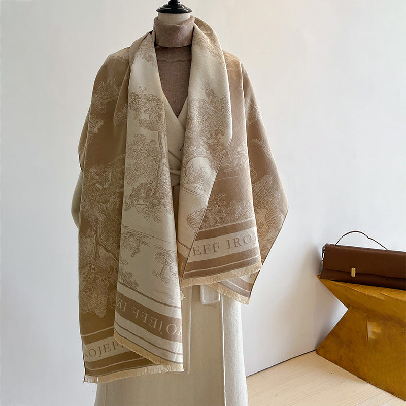 Jacquard Landscape Painting Imitation Cashmere Scarf for Women's Office Air-Conditioned Room Thickeneded Warm Long Trendyy Hot Style Scarf