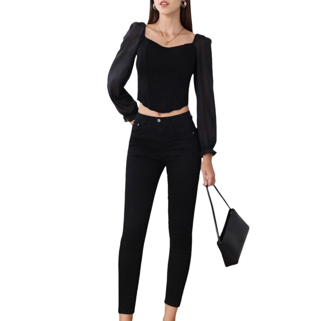 European and American Style Sexy Long-Sleeved Three-Dimensional Fish Bone with Chest Pad Corset Strapless Slim-Fit Slimming Inner Off-Shoulder Top Women's Autumn