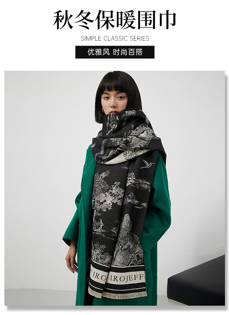 Jacquard Landscape Painting Imitation Cashmere Scarf for Women's Office Air-Conditioned Room Thickeneded Warm Long Trendyy Hot Style Scarf