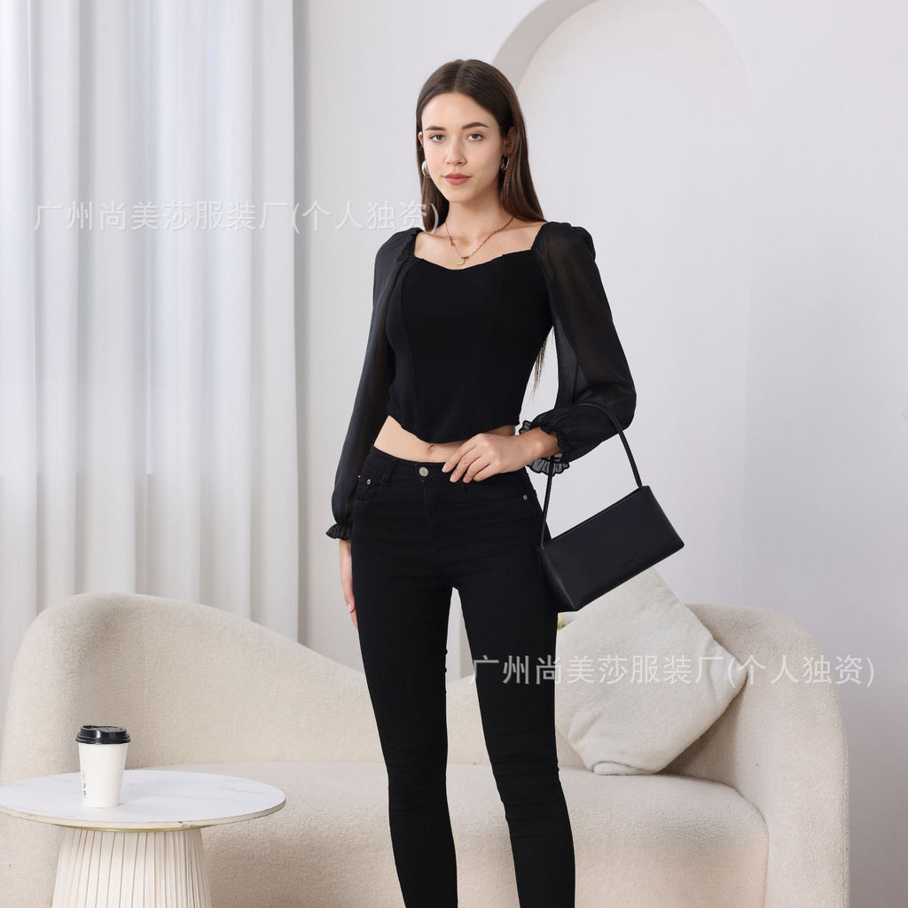 European and American Style Sexy Long-Sleeved Three-Dimensional Fish Bone with Chest Pad Corset Strapless Slim-Fit Slimming Inner Off-Shoulder Top Women's Autumn