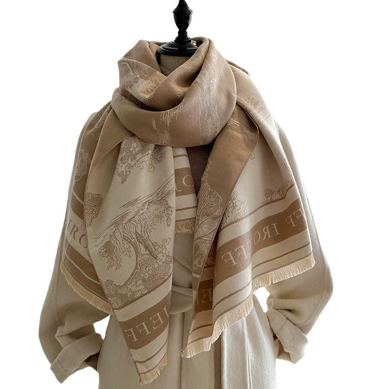 Jacquard Landscape Painting Imitation Cashmere Scarf for Women's Office Air-Conditioned Room Thickeneded Warm Long Trendyy Hot Style Scarf