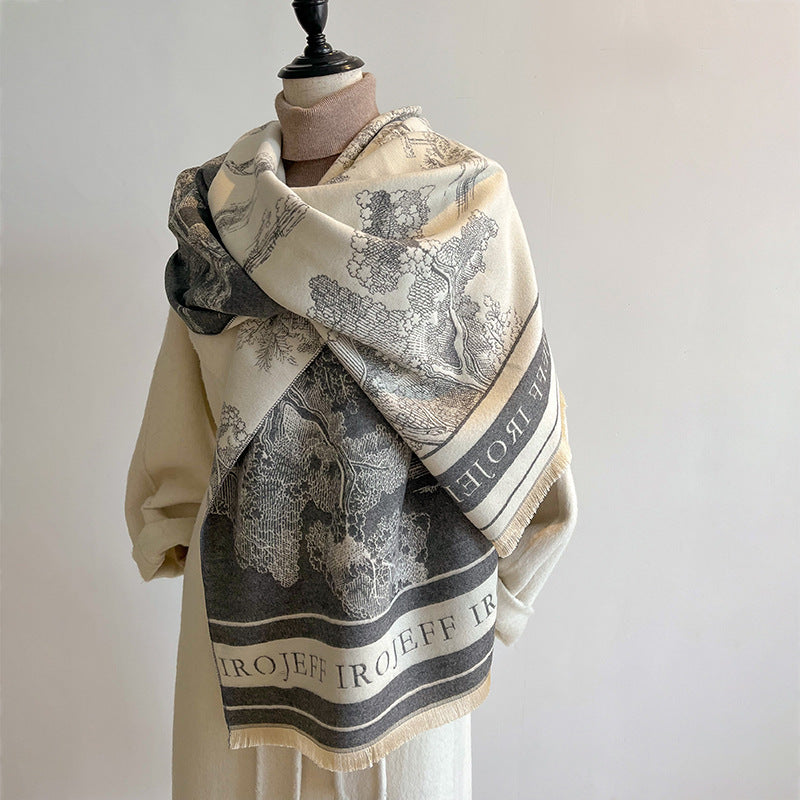 Jacquard Landscape Painting Imitation Cashmere Scarf for Women's Office Air-Conditioned Room Thickeneded Warm Long Trendyy Hot Style Scarf