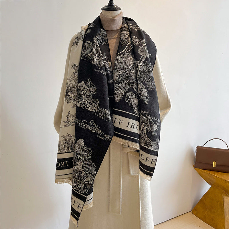 Jacquard Landscape Painting Imitation Cashmere Scarf for Women's Office Air-Conditioned Room Thickeneded Warm Long Trendyy Hot Style Scarf