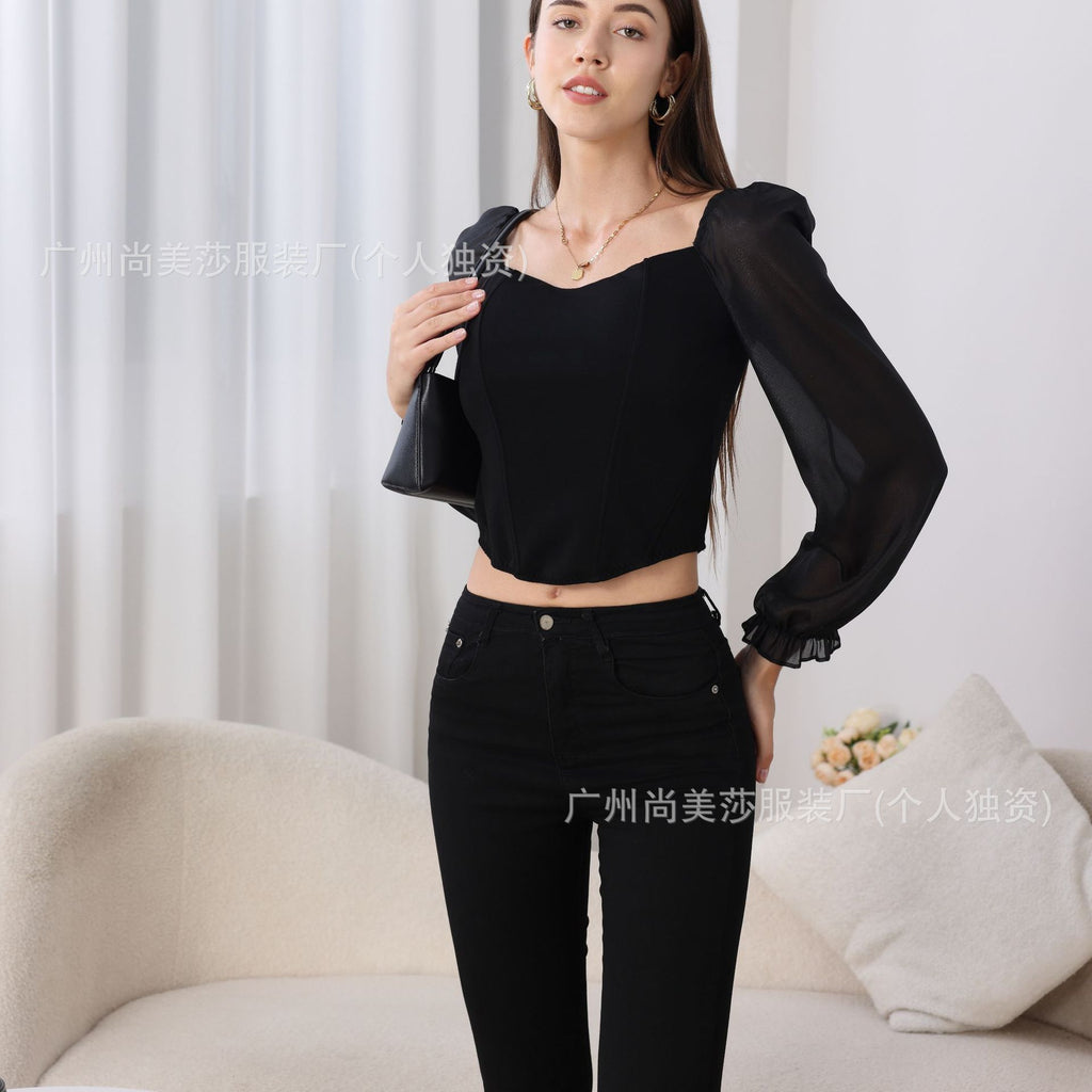 European and American Style Sexy Long-Sleeved Three-Dimensional Fish Bone with Chest Pad Corset Strapless Slim-Fit Slimming Inner Off-Shoulder Top Women's Autumn