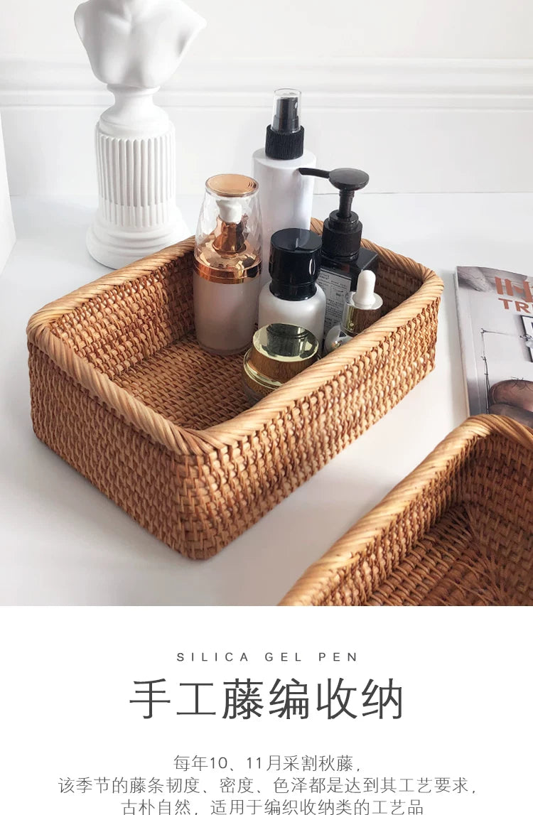 Hand-woven Rattan Wicker Basket Fruit Tea Snack Bread Basket Cosmetic Rectangular Storage Box Household Kitchen Supplies