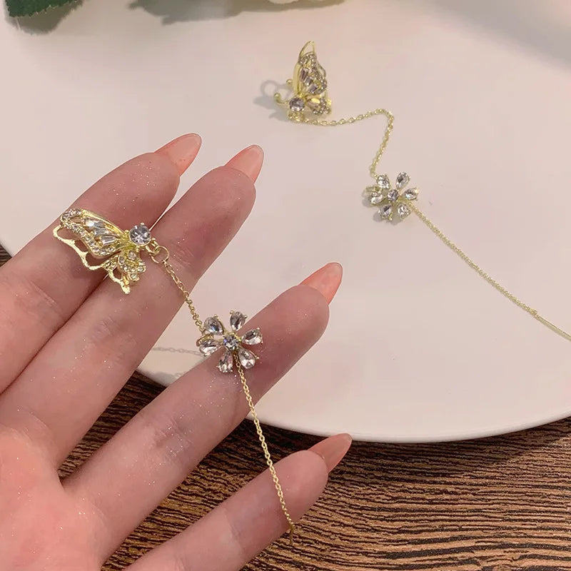 New Arrival Shiny Crystal Butterfly Ear Cuff Clip Earrings For Women Fashion Tassel Chain Flower Stud Earrings Wedding Jewelry