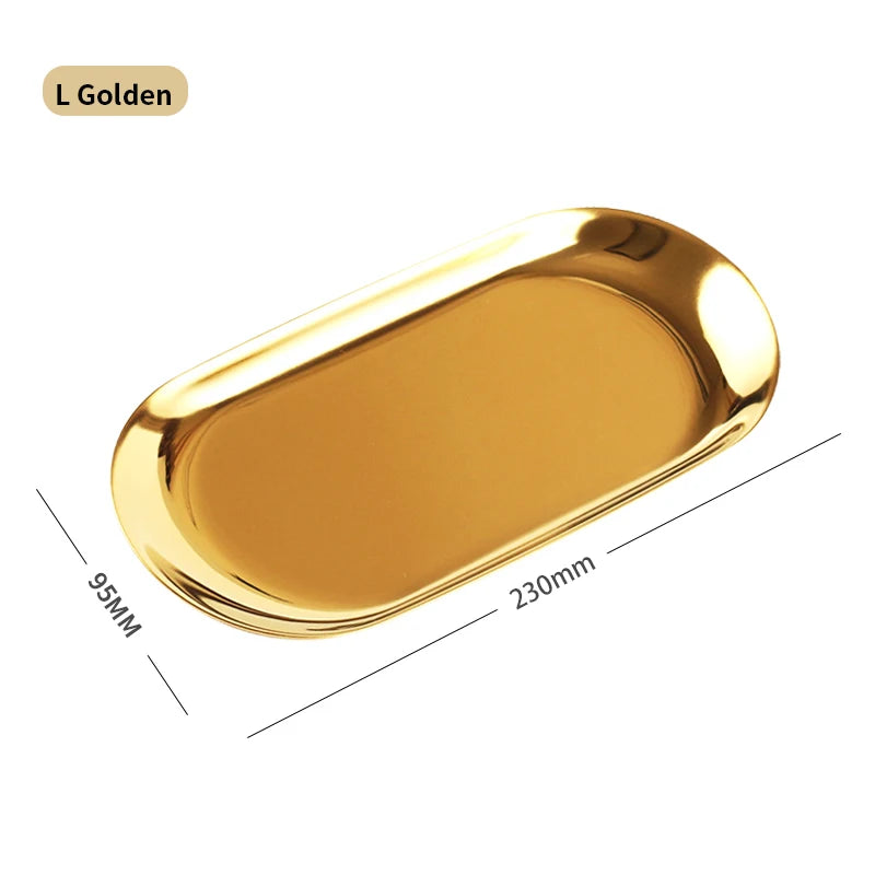 Stainless Steel European Oval Gold Tray Thickened Western Food Dessert Single Layer Flat Tray Jewelry Item Multi-Purpose Storage