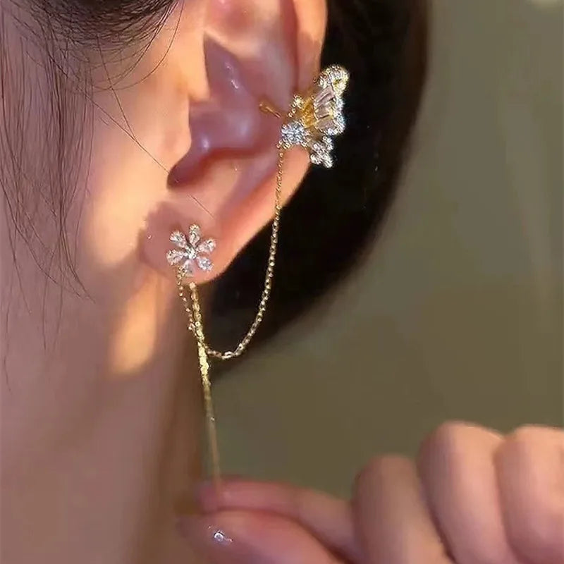 New Arrival Shiny Crystal Butterfly Ear Cuff Clip Earrings For Women Fashion Tassel Chain Flower Stud Earrings Wedding Jewelry