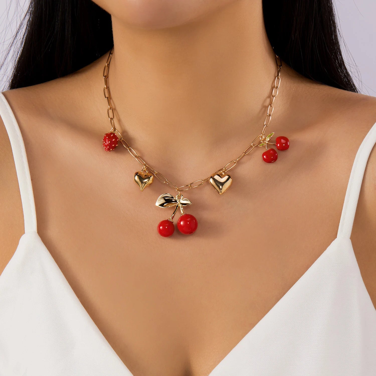 2026 Fashion Charm Cherry Heart Pendant Necklace for Women Red Strawberry Bow Pearl Clavicle Chain Aesthetic Party Jewelry