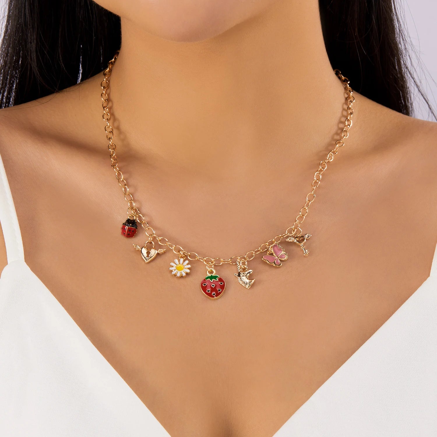 2026 Fashion Charm Cherry Heart Pendant Necklace for Women Red Strawberry Bow Pearl Clavicle Chain Aesthetic Party Jewelry