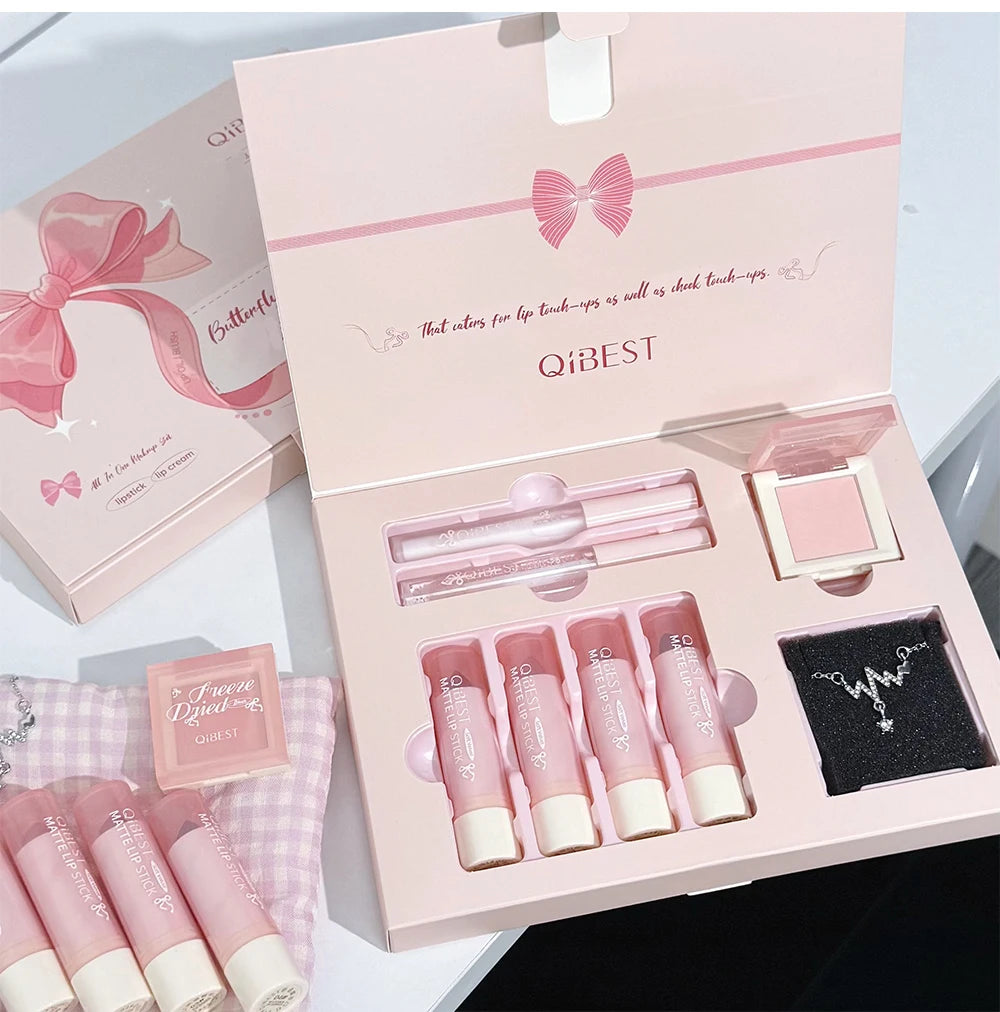 7Pcs/Box Makeup Sets 4PCS Velvet Nude Liquid Lipstick,1 Lip Cream,1 Lip Oil,1 Face Blush Palette And Necklace Gift Cosmetic Kits
