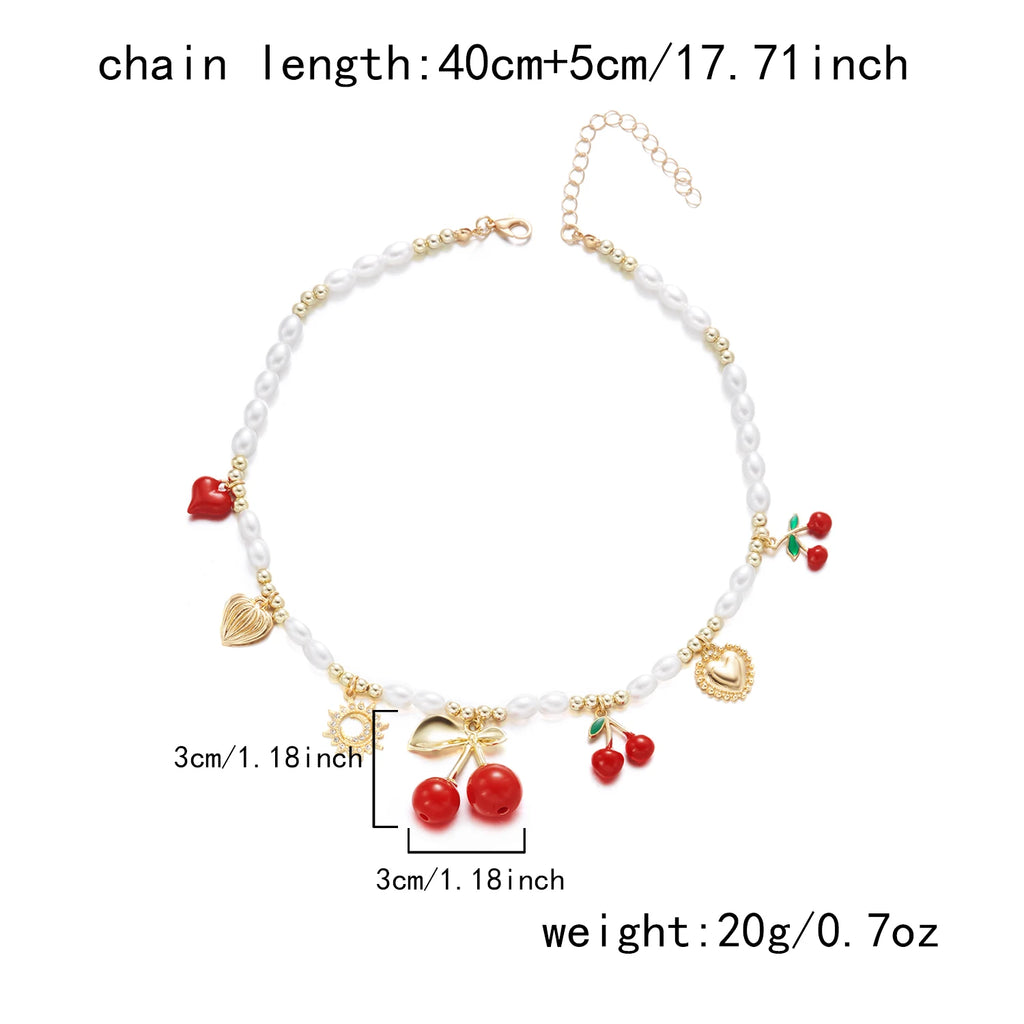 Dainty Sweet Fruit Cherry Heart Charms Pendant Necklace For Women Elegant Imitation Pearl Choker Neck Chain Jewelry Party Gift