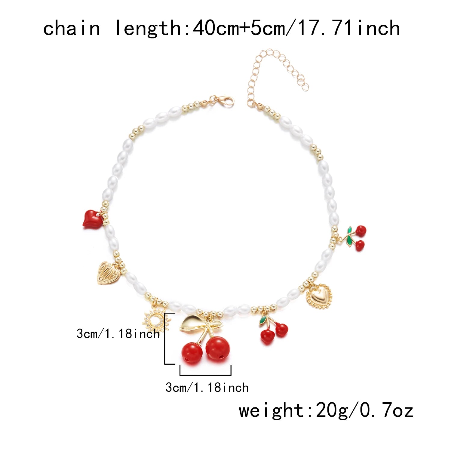 Dainty Sweet Fruit Cherry Heart Charms Pendant Necklace For Women Elegant Imitation Pearl Choker Neck Chain Jewelry Party Gift