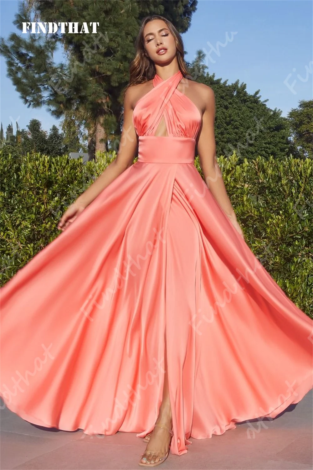 Findthat Sexy 2024 Prom Dresses High Side Split Sleeveless Party Gowns For Women Backless Satin A Line Bridesmaid Evening Dress