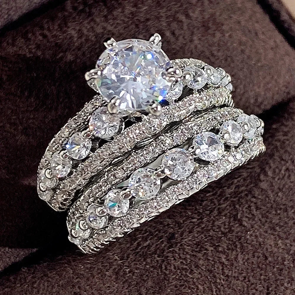 Huitan Set Lady Rings Luxury Wedding Engagement Party Finger Accessories Inlaid Shining Cubic Zirconia Graceful Fashion Jewelry