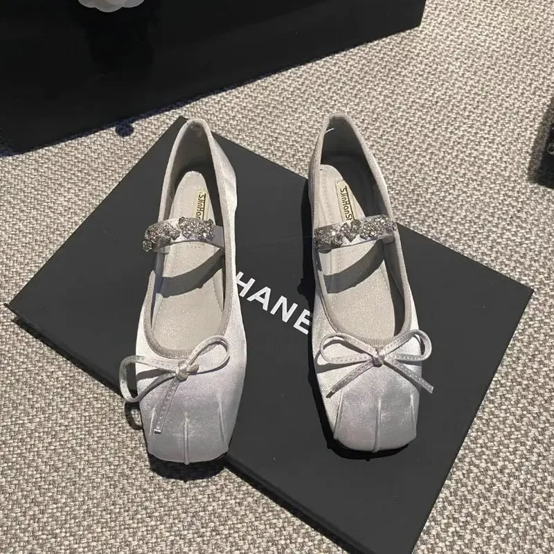 Square Toe Flat Shoes for Women Rhinestone Spring Autumn 2025 New Ballet Shoes Mary Jane Shoes for Women Big Size 42 43 44