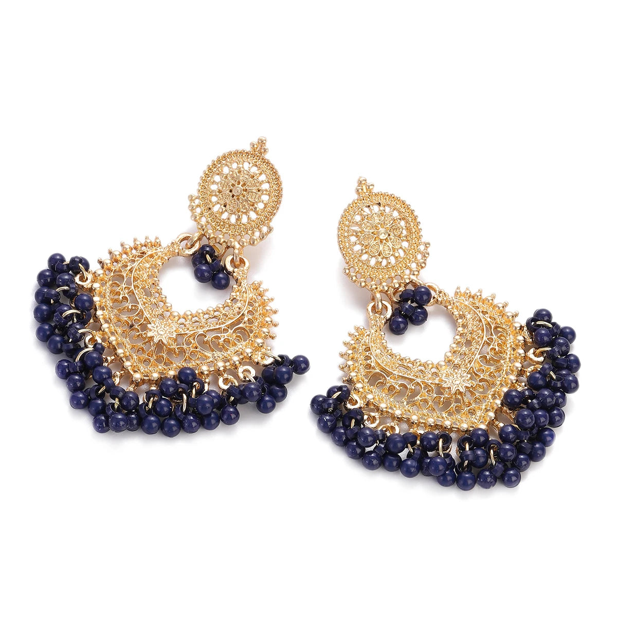 Boho Gold Color Heart Shape Carved Flower Dangle Earrings for Women Indian Jhumka Earrings