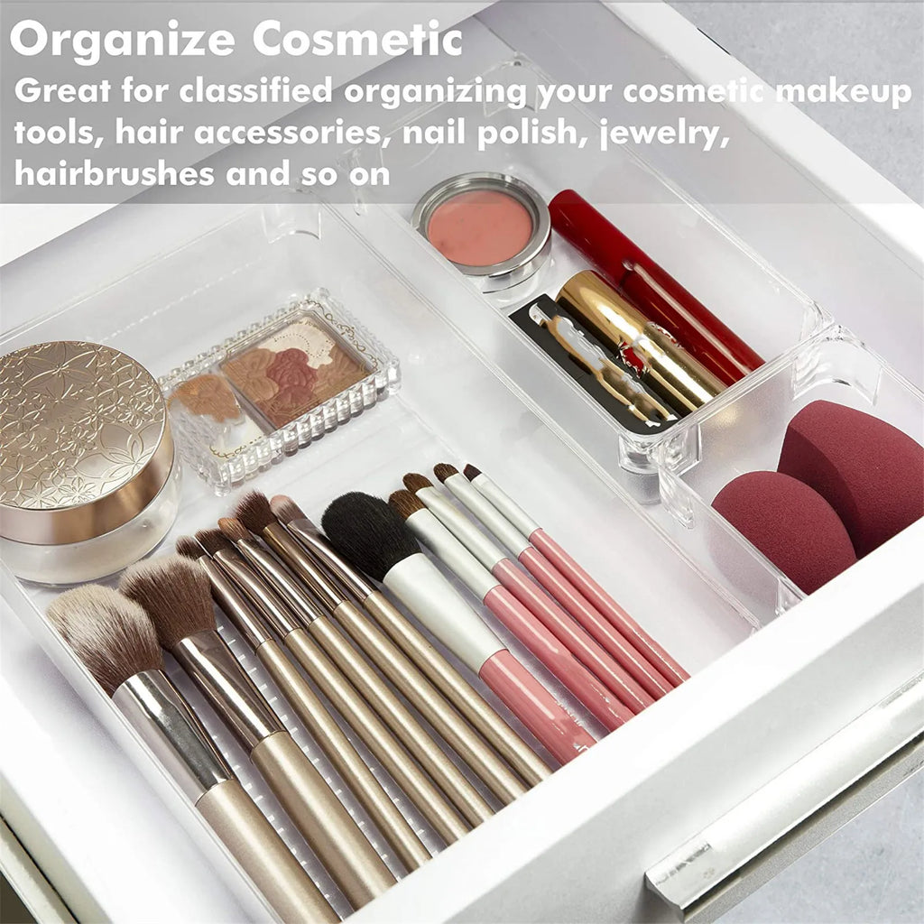 10-Piece Versatile Drawer Organizer Set - Clear Plastic Trays and Dividers in 4 Sizes for Perfect Makeup and Kitchen Storage