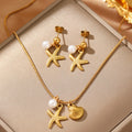 DOTIFI Stainless Steel Starfish Shell Faux Pearl Pendant Necklace Earrings Set Fashion Summer Beach Jewelry For Women Daily Wear