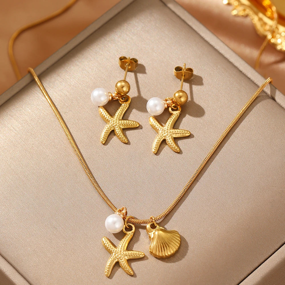 DOTIFI Stainless Steel Starfish Shell Faux Pearl Pendant Necklace Earrings Set Fashion Summer Beach Jewelry For Women Daily Wear