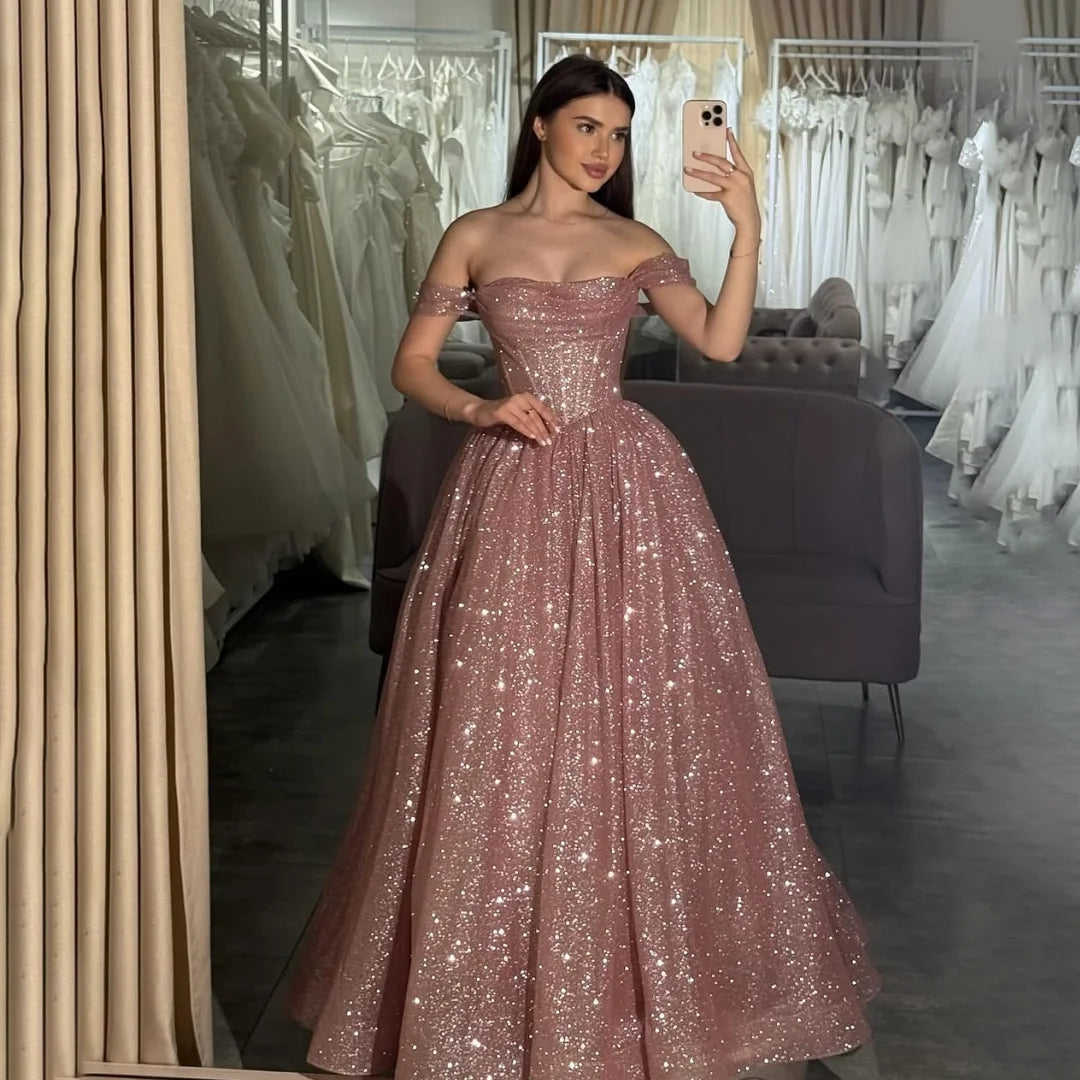 Glitter Off the Shoulder Tulle Evening Dresses Boat-neck A-line Ruched Plain Prom Dress Luxurious Long Formal Party Ball Gowns