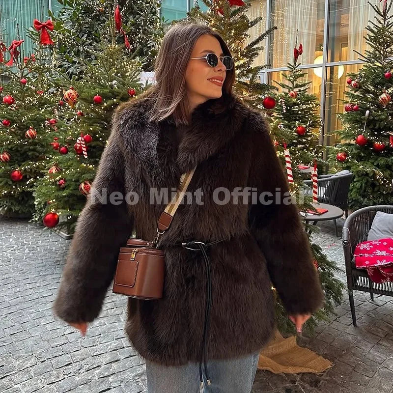 Neo Mint 2025 Winter Hot Brown Belted Faux Fur Coat Women Thick Warm Long Fox Fur Jacket Chic Brand Fashion Girls Furry Overcoat