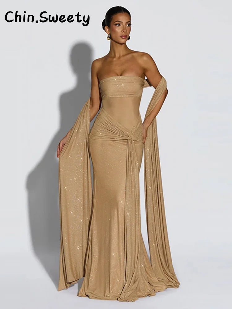 Elegant Ribbon Sequined Long Knotted Dress Sleeveless Strapless See Through Pleated Dresses 2026 Spring Lady Party Evening Robes