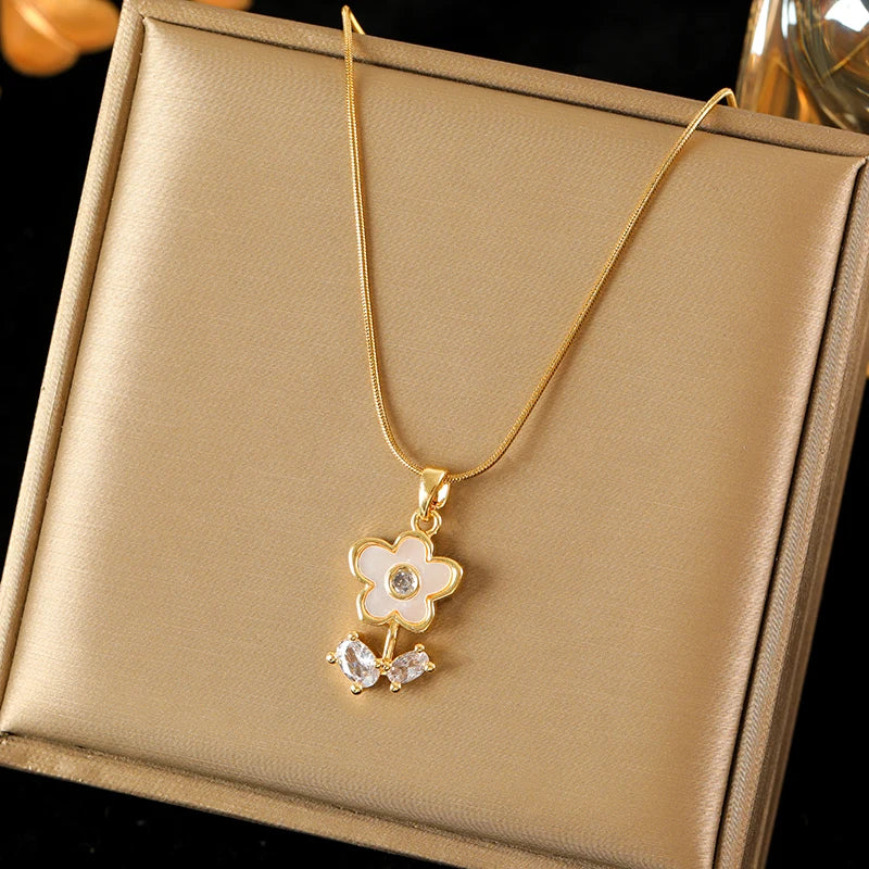 EILIECK 316L Stainless Steel Gold Color Shell Starfish Zircon Pendant Necklace For Women Fashion New Gift Neck Chain Jewelry