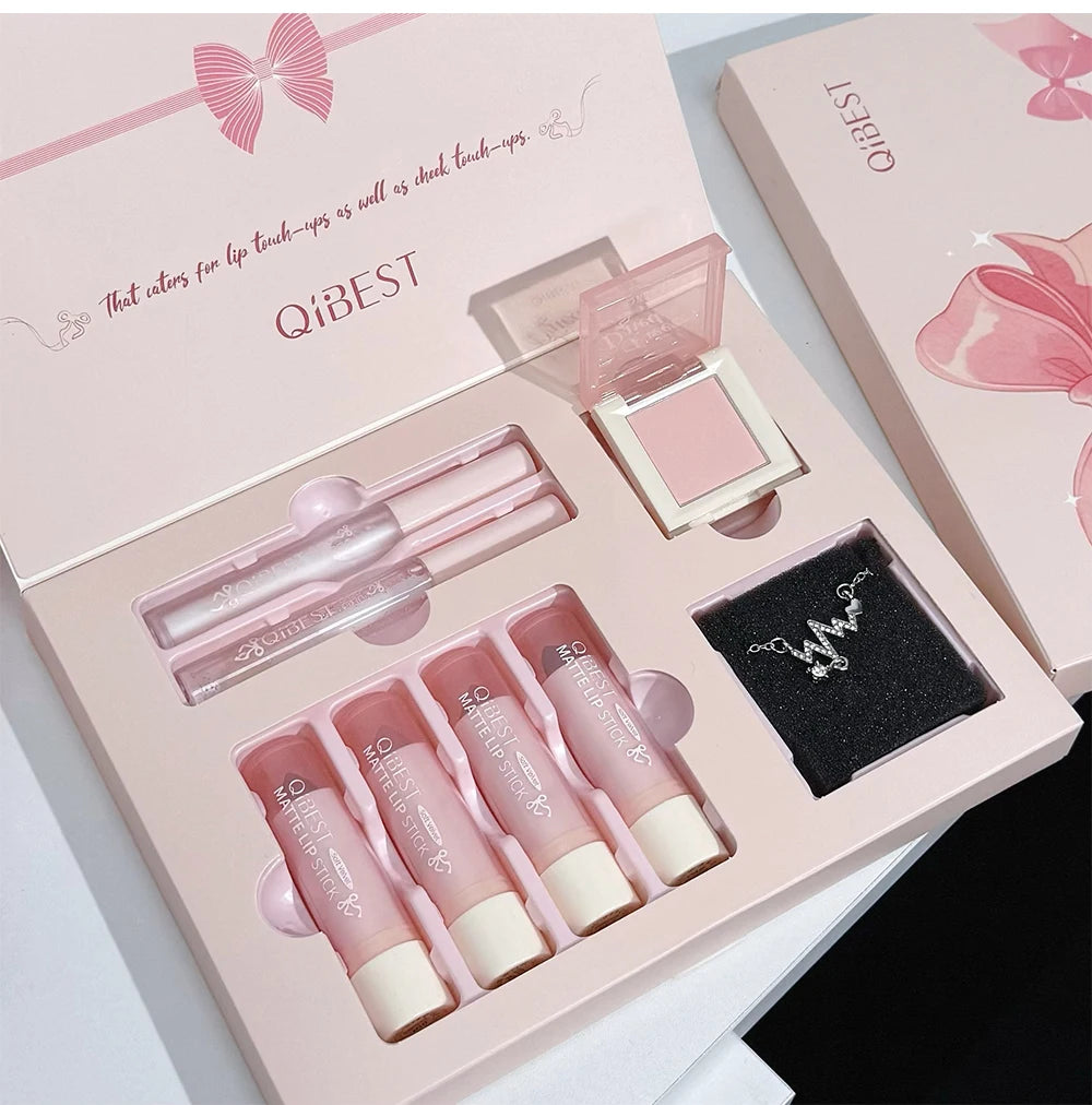 7Pcs/Box Makeup Sets 4PCS Velvet Nude Liquid Lipstick,1 Lip Cream,1 Lip Oil,1 Face Blush Palette And Necklace Gift Cosmetic Kits