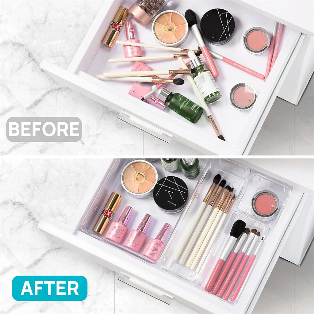10-Piece Versatile Drawer Organizer Set - Clear Plastic Trays and Dividers in 4 Sizes for Perfect Makeup and Kitchen Storage