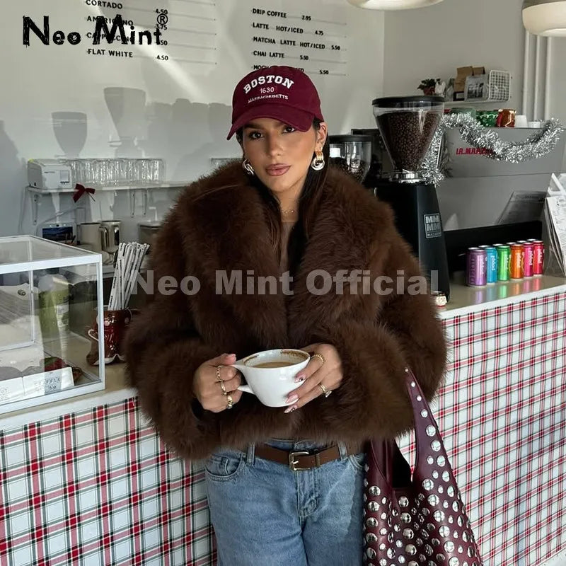 Neo Mint Winter 2025 Trendy Brown Obsession Cropped Shawl Collar Faux Fur Coat Women Jacket Chic Girls Brand Fox Fur Outerwear