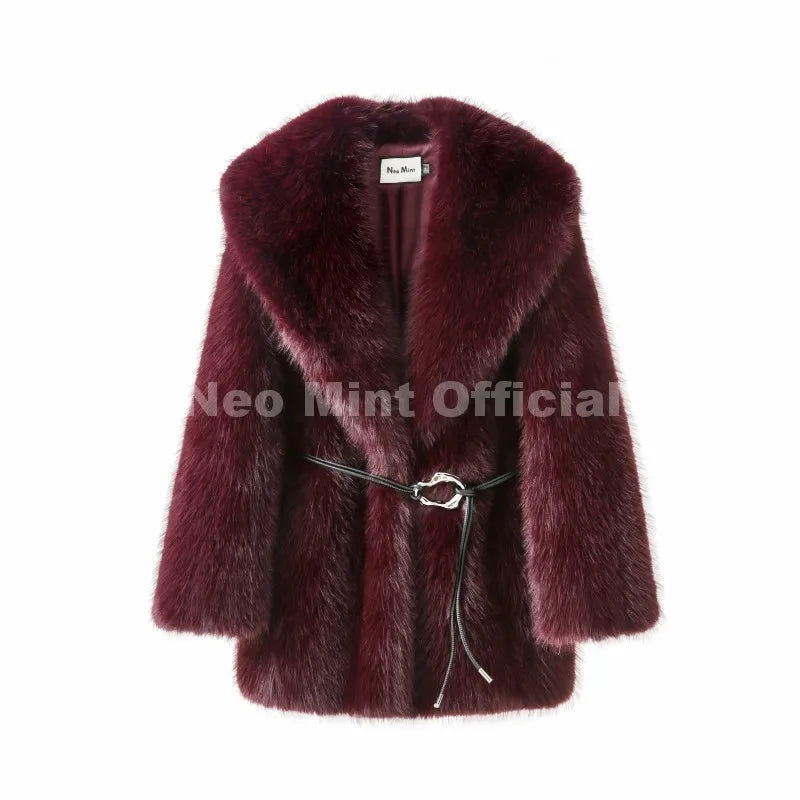 Neo Mint 2025 Winter Hot Brown Belted Faux Fur Coat Women Thick Warm Long Fox Fur Jacket Chic Brand Fashion Girls Furry Overcoat