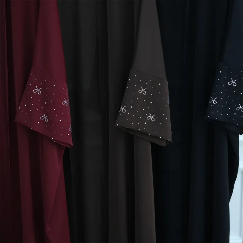 Luxury Dubai Abaya with Beaded Bow Modest Dress for Muslim Women Elegant Open Front Cover Cardigan Fashion Plain Turkey Outfit