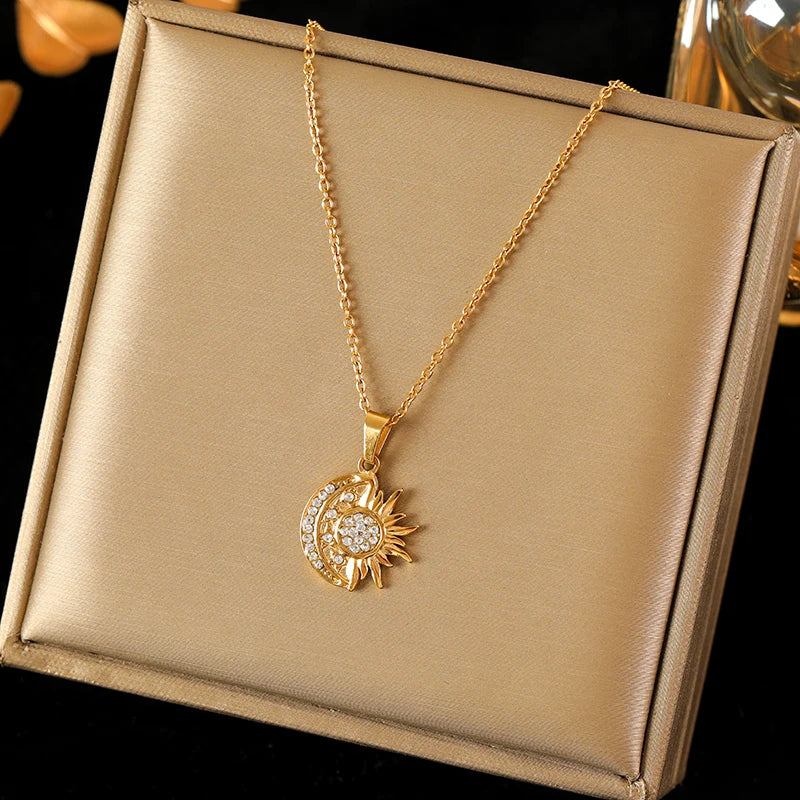 EILIECK 316L Stainless Steel Gold Color Shell Starfish Zircon Pendant Necklace For Women Fashion New Gift Neck Chain Jewelry