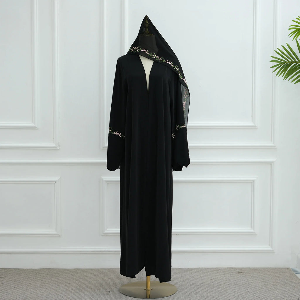 Embroidery Open Abaya and Hijab 2 Piece Set Muslim Dress Abayas for Women Dubai Luxury Islamic Clothing Kaftan Robe Ramadan Eid