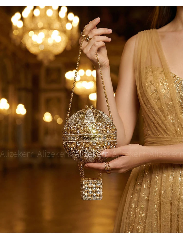Alizekerr Hot Air Balloon Shaped Crystal Evening Bags Women Luxury Classy Unique Rhinestone Circular Clutch Purses Wedding Party