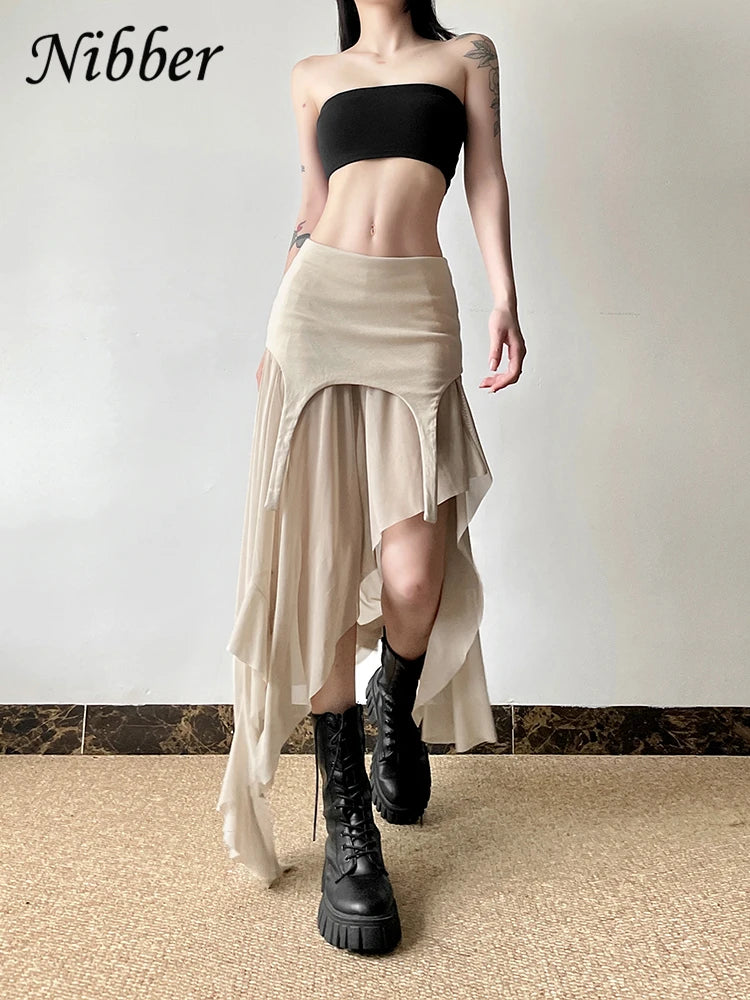 Nibber 2024 Summer Solid Color Simple All-match Casual Sexy Fimbriate High Street Trendy Cool Women's Laminated Ruffled Skirt