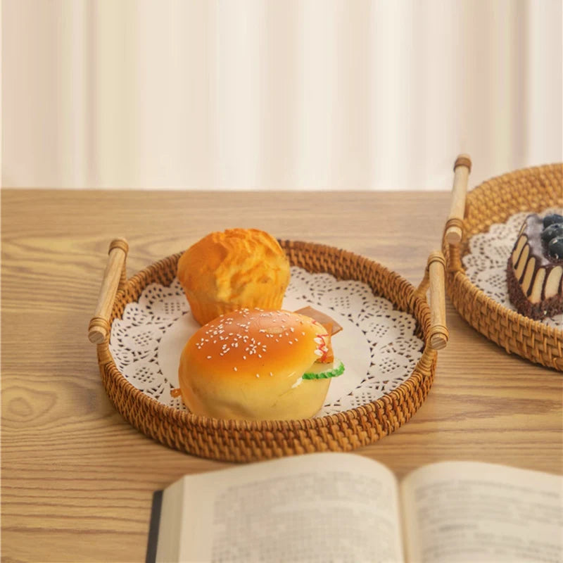 Woven Rattan Storage Basket with Strap Handle round Tray for Bread Snacks Fruits Picnic - Home Organization Basket
