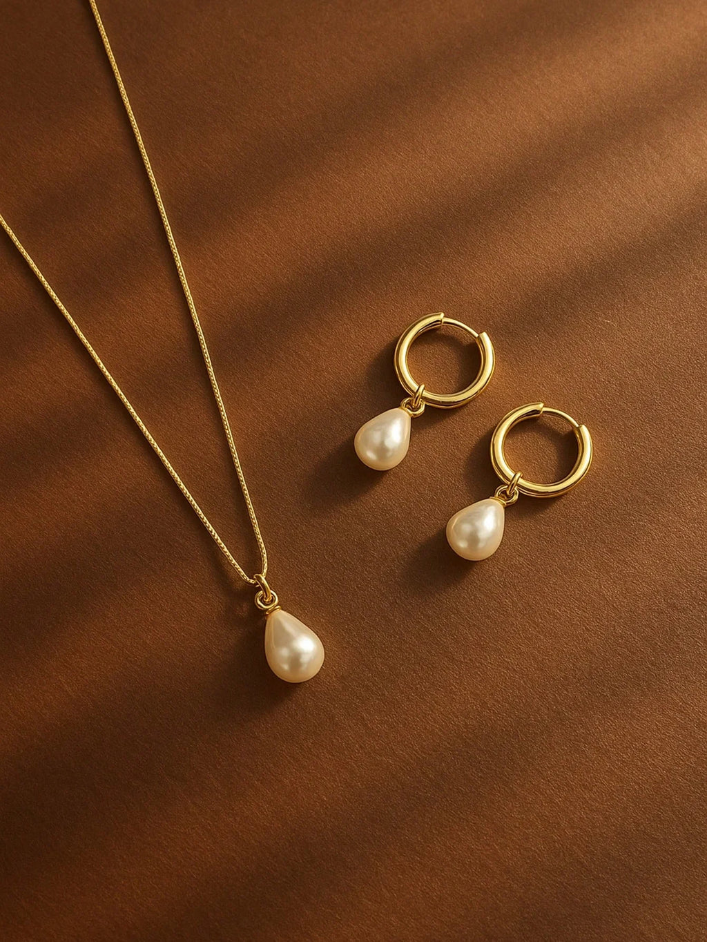 3pc Stainless Steel Waterproof And Non-Fading Stylish Women's Water Droplet Pearl Hoop Earrings Necklace Jewelry Set