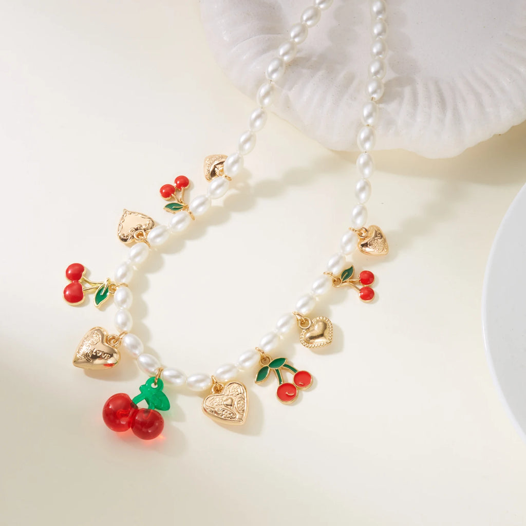 Dainty Sweet Fruit Cherry Heart Charms Pendant Necklace For Women Elegant Imitation Pearl Choker Neck Chain Jewelry Party Gift