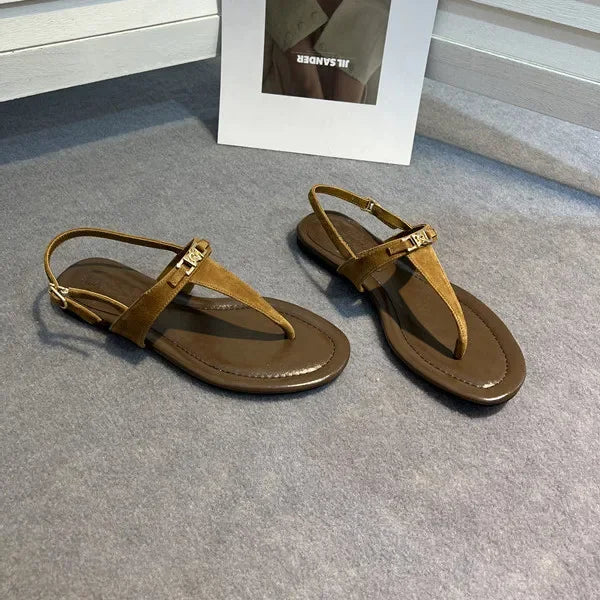 Genuine Leather Retro Clip Toe Roman Sandals Women Summer Fashion Flat Shoes Sexy T-Strap Flip Flops Casual Beach Slippers Women