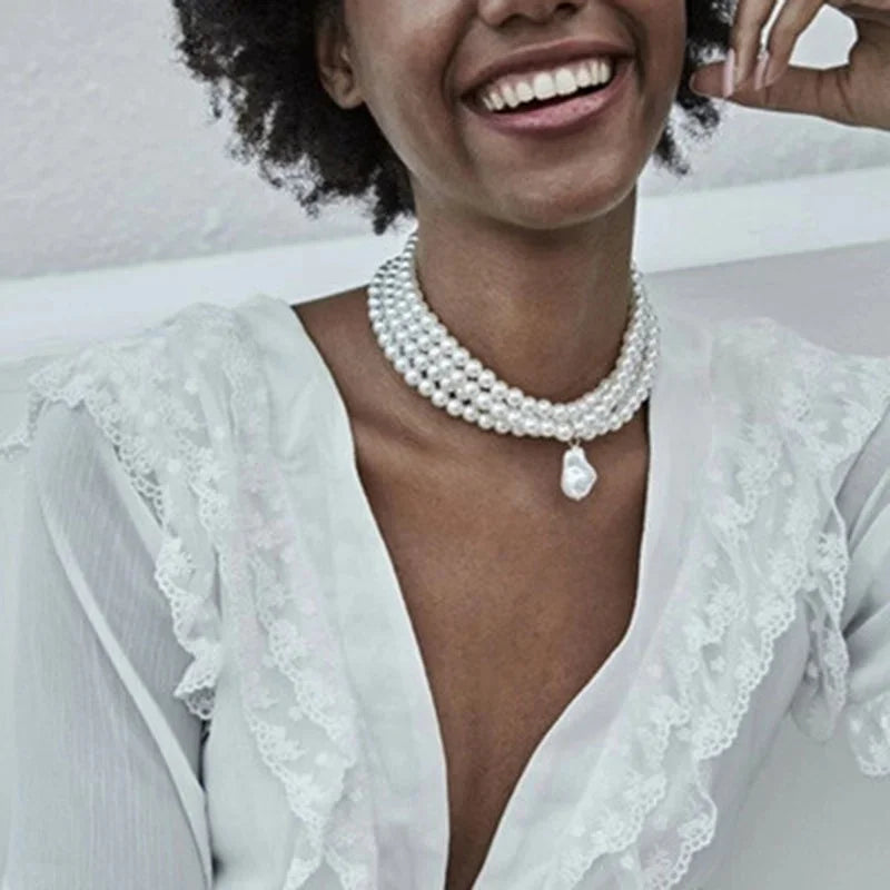 Multi Layer Pearl Necklace Fashionable Four Layer Collarbone Chain Collar Exaggerated Personality Necklace Choker Accessory