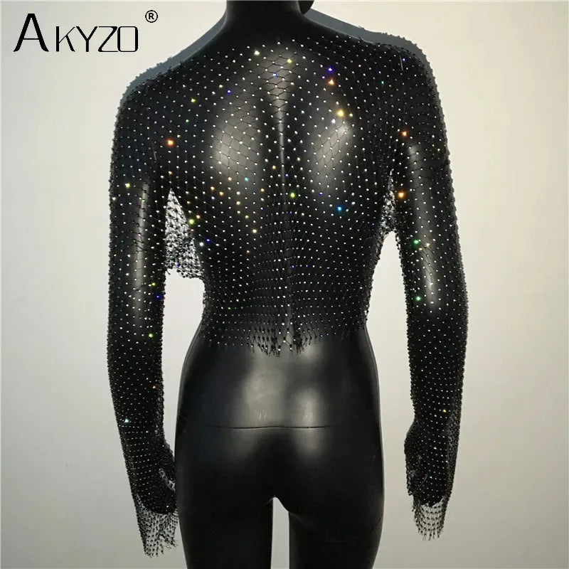Autumn Women Sexy See Through Fishnet T Shirt Glitter Rhinestone Hollow Mesh Long Sleeve Crop Tops Nightclub Party Festival Top