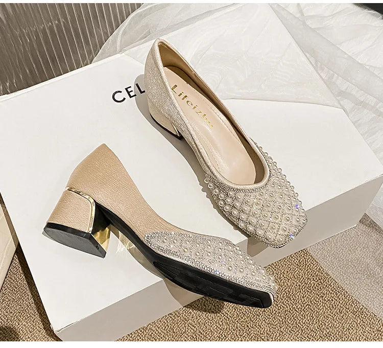 2025 Spring Summer Women Fashion Pumps New OL Party Square Casual High Heels Shoes Ladies Rhinestone Pearl Loafers 35-43