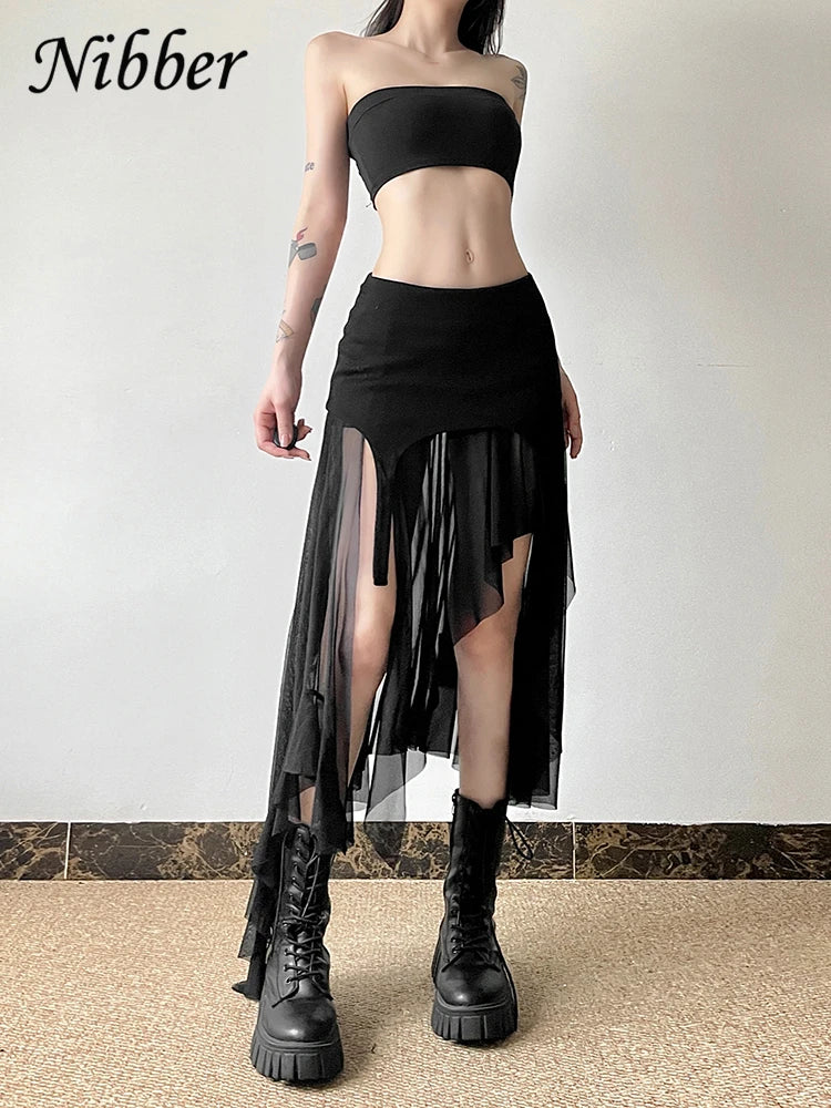 Nibber 2024 Summer Solid Color Simple All-match Casual Sexy Fimbriate High Street Trendy Cool Women's Laminated Ruffled Skirt