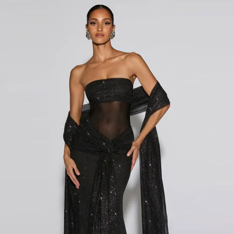 Elegant Ribbon Sequined Long Knotted Dress Sleeveless Strapless See Through Pleated Dresses 2026 Spring Lady Party Evening Robes