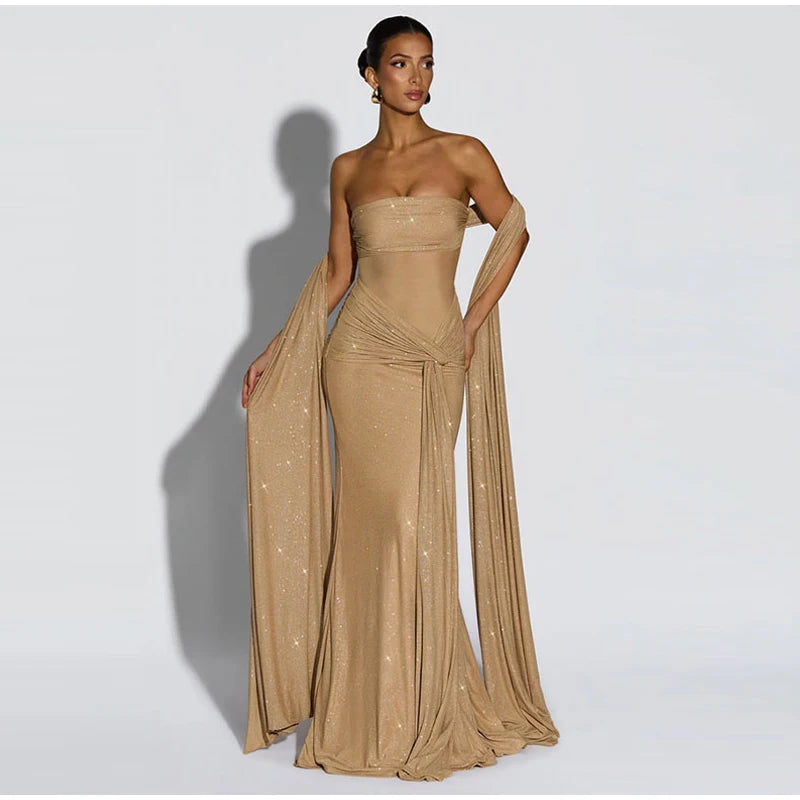 Elegant Ribbon Sequined Long Knotted Dress Sleeveless Strapless See Through Pleated Dresses 2026 Spring Lady Party Evening Robes