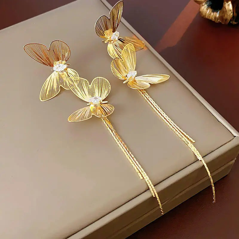 FTCY Exaggerated Butterfly Tassel Earrings for Women Vintage Gold Color Metal Hollow Drop Earrings Women's Jewelry Gifts