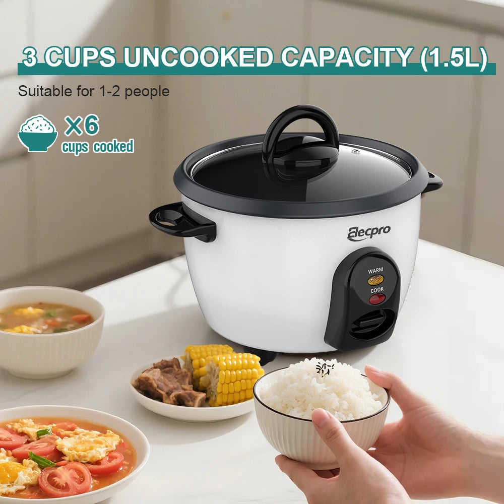 Elecpro Mini Rice Cooker 3 Cup Rice With Steamer, Portable Small Food Steamer, Removable Food Grade Non-Stick Inner pot
